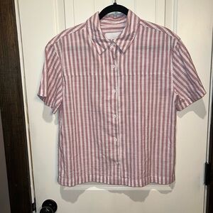 Striped Short-Sleeve Button-Up Shirt - Pink & White